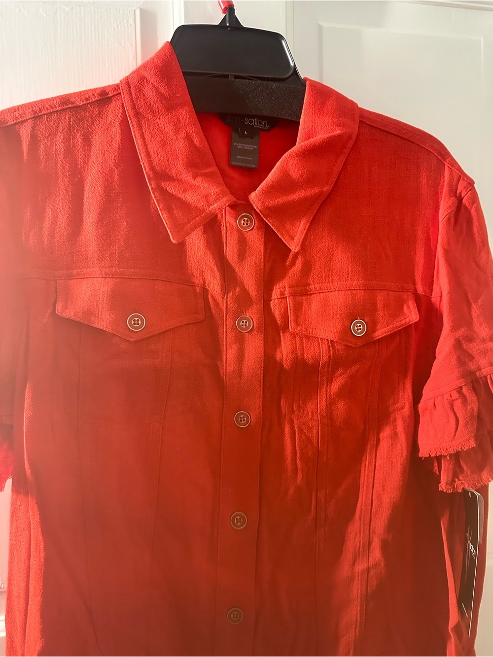 Bright Red Button-Front Ruffle Sleeve Top - Picture 2 of 7